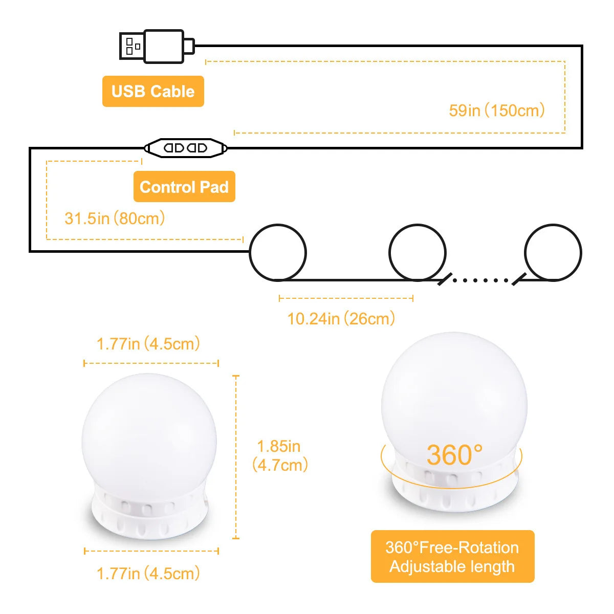 LED-lampor för sminkspegel, dimbara med USB