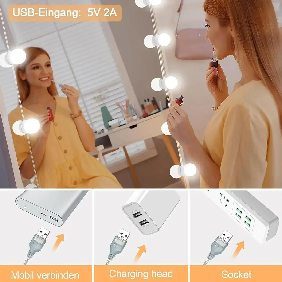 LED-lampor för sminkspegel, dimbara med USB
