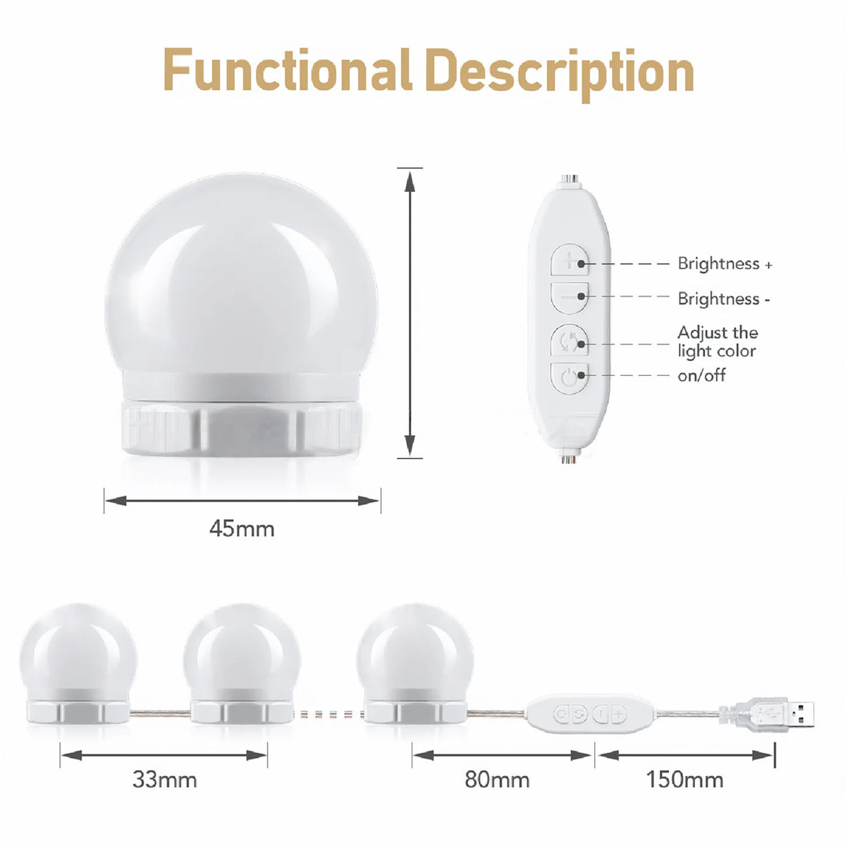 LED-lampor för sminkspegel, dimbara med USB