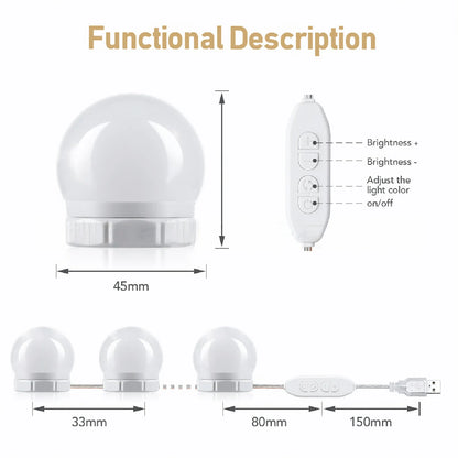 LED-lampor för sminkspegel, dimbara med USB