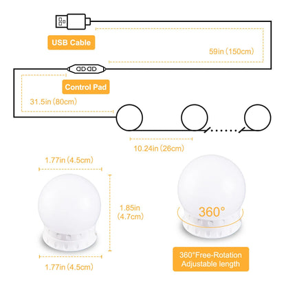 LED-lampor för sminkspegel, dimbara med USB